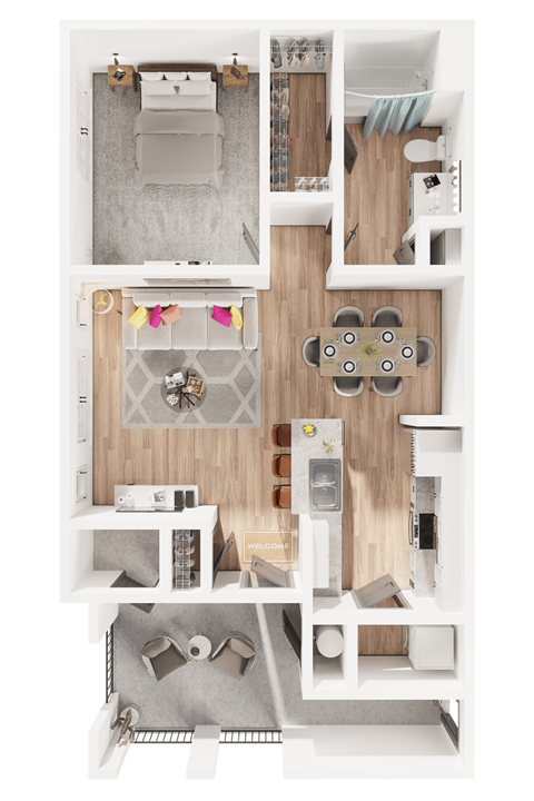 A top down view of a modern apartment layout.